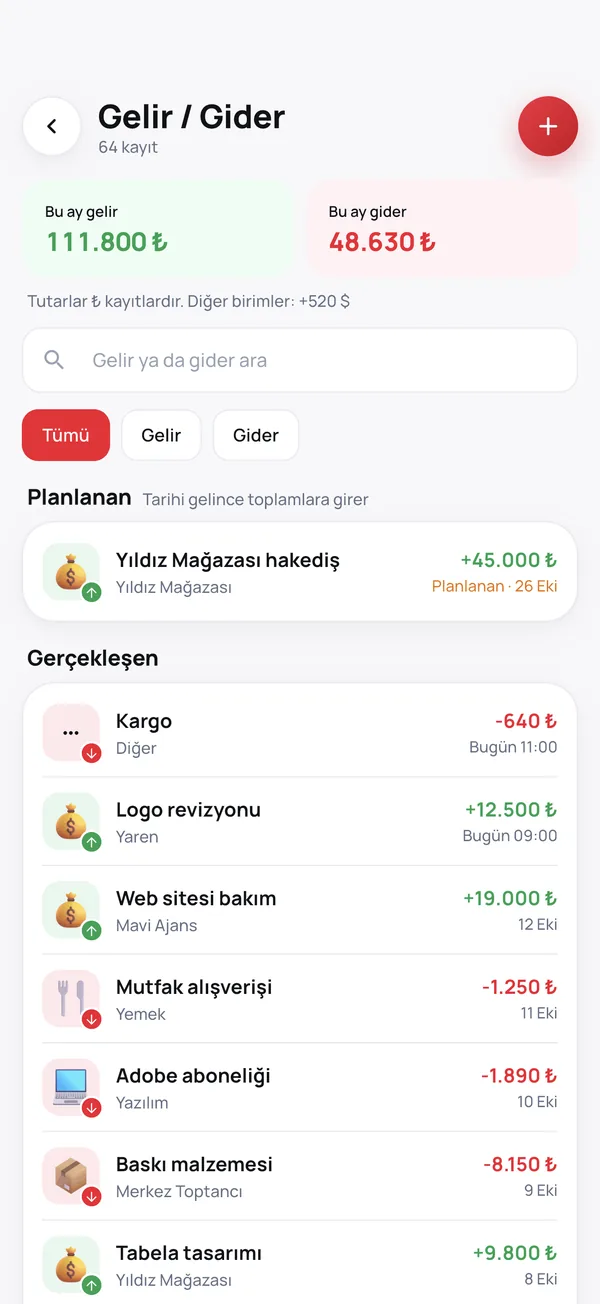 Gelir / Gider: kategori logolarıyla kayıtlar ve planlanan ödemeler