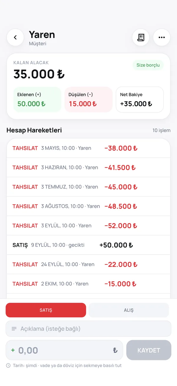 Kişi sayfası: satış, alış ve güncel bakiye